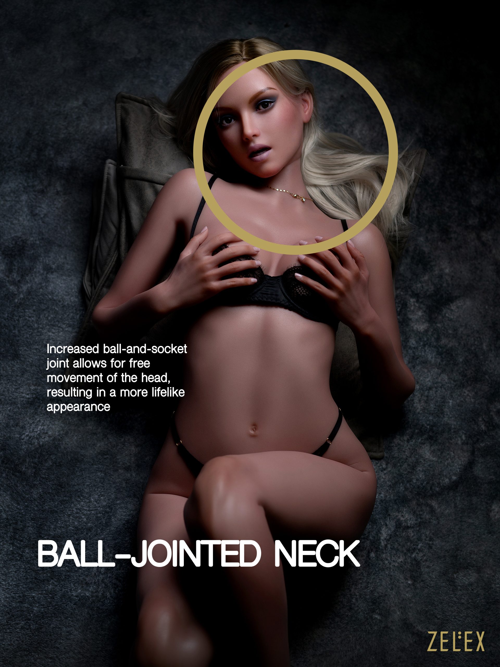 Zelex EXP Skeleton A reclining figure with long blonde hair, wearing minimal black lingerie, showcasing a ball-jointed neck design.