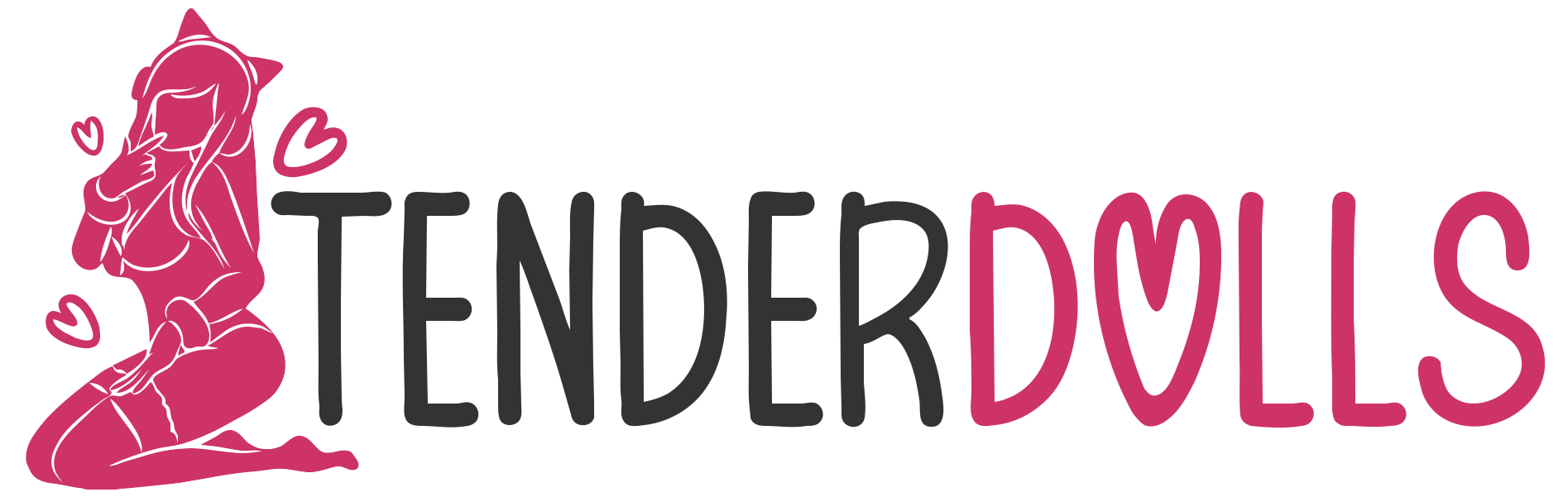 The logo features the word "TENDERDOLLS" in a playful font, with "TENDER" in black and "DOLLS" in pink. A stylized illustration of a figure in a playful pose, wearing lingerie and a cat ear headband, is positioned to the left, surrounded by small heart shapes. The overall color scheme is a mix of black