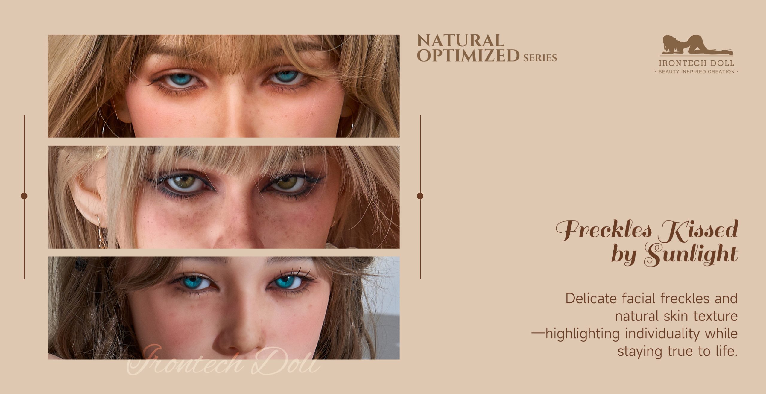 The image features three close-up portraits of a doll with delicate facial freckles, natural skin texture, and striking blue eyes. Each portrait showcases different angles and hairstyles, emphasizing individuality and the effect of sunlight on the skin.