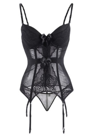 A black lace jumpsuit with a fitted bodice, featuring delicate lace patterns, adjustable straps, and bows at the front.