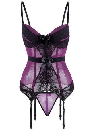 A purple lace jumpsuit with black lace detailing, featuring thin straps and a bow at the center, accentuating a fitted silhouette.
