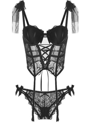A black lace lingerie set featuring a corset with a lace-up front, sheer sleeves, and matching panties with bow accents.
