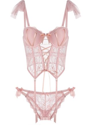 A delicate pink lace lingerie set featuring a corset with a lace-up front, adjustable straps, and matching lace panties adorned with bows.