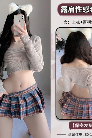 A model poses in a cropped, light beige sweater and a plaid mini skirt, featuring a playful, youthful look with fluffy ear accessories.