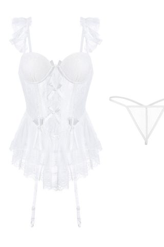 A delicate white lingerie set featuring a fishbone bra with ruffled straps and a matching sheer thong, displayed against a plain background.