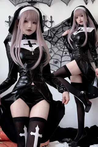 A woman in a black latex nun costume with a fitted dress, thigh-high stockings featuring white crosses, and long light pink hair.