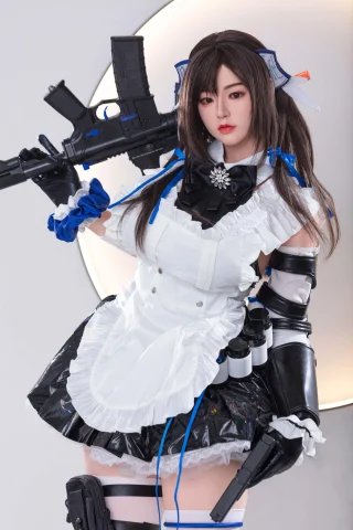 A character in a black and white maid outfit, holding a rifle, with long dark hair and blue accents in her hair and outfit.