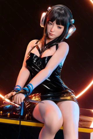 A figure in a shiny black dress sits on a surface, wearing large headphones, with a soft glow from a circular light behind.