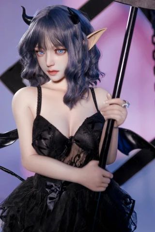 Subject holds a black staff, wearing a lace-trimmed black outfit. Features blue eyes, wavy blue hair, and pointed ears, set against a colorful background.