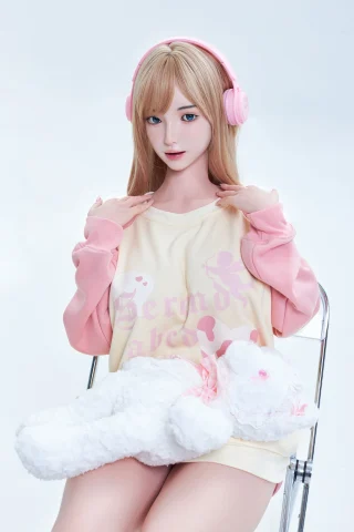 Childlike figure in pastel sweater and pink headphones, seated with a plush bear, against a soft white backdrop.