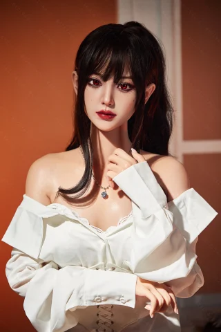 Subject features long black hair, striking red eyes, and a white off-shoulder blouse. The warm background enhances the intimate setting.