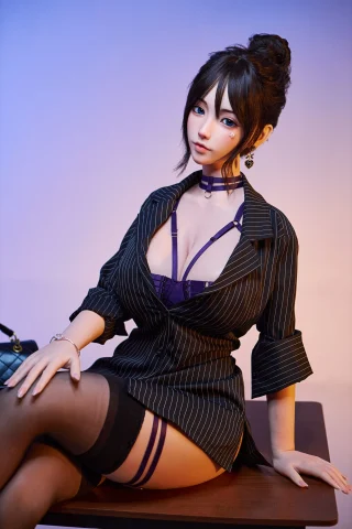 Subject in a striped black shirt, partially unbuttoned, revealing purple lingerie. She has a sophisticated hairstyle and poses on a table.