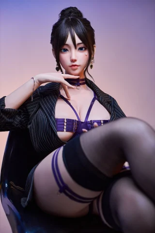 Subject in a stylish black and white striped outfit, seated confidently. Features purple lingerie, thigh-high stockings, and elegant accessories. Soft gradient background enhances the sophisticated vibe.