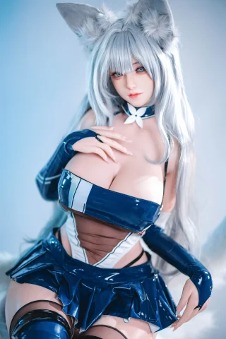 Subject features a character in a blue and white outfit with a glossy finish, complemented by long silver hair and cat-like ears. The setting has a soft, blurred background.