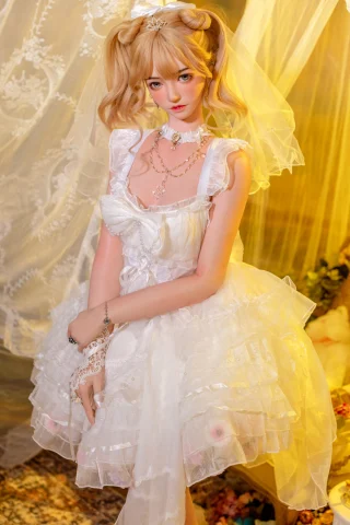 Subject in a frilly white dress with layered ruffles, delicate lace details, and a veil. Soft pastel colors in a dreamy, ethereal setting.