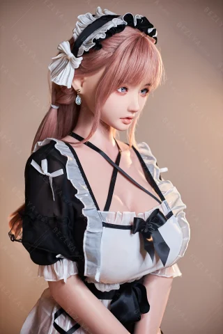 Maid outfit with black and white frills, hair in twin tails, and a matching headpiece. Soft pink hair and delicate earrings.