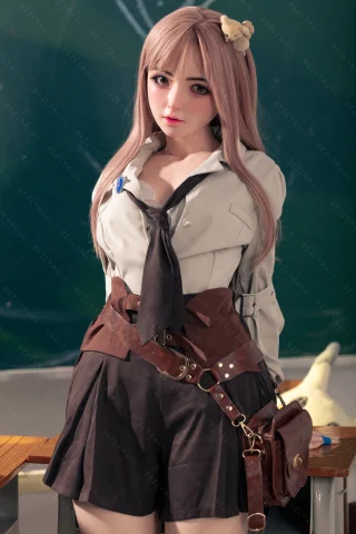 Subject features a character in a light gray shirt, loosely tied black tie, and brown shorts. Accessories include a brown belt and bag, with long pink hair styled softly. The setting has a green backdrop, suggesting a casual or adventurous theme.