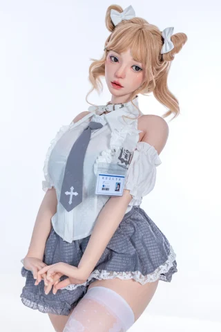 Puffy hairstyle with bows, white ruffled blouse, gray plaid skirt, and thigh-high stockings. Soft pastel colors in a bright setting.