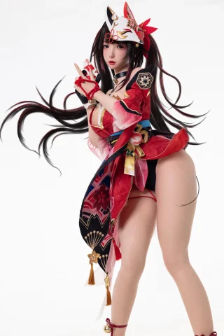 Chunmomo2 features a vibrant red kimono with floral patterns, a striking fox mask, and flowing black hair, set against a clean white background.
