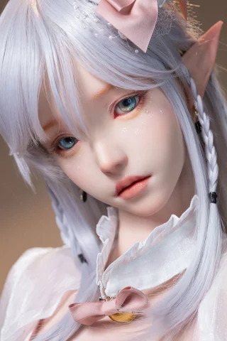 Subject features delicate facial details, pale lavender hair styled with braids, and soft blue eyes. Dressed in a light, ruffled outfit with a pink bow accent.