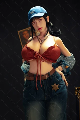 Subject wearing a red crop top and oversized denim jacket, paired with high-waisted jeans. Accessories include a blue cap and layered necklaces. Setting features a vintage backdrop.