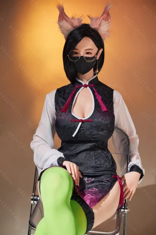 Subject features a black and white outfit with a keyhole design, vibrant green thigh-highs, and playful cat ears. The setting is minimalistic, emphasizing the character's unique style.