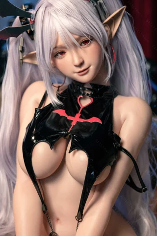 Subject features long, light purple hair styled in twin tails, pointed elf-like ears, and striking red eyes. The outfit is a black, form-fitting design with bat motifs, emphasizing a bold, edgy aesthetic. The setting appears to have a dark,