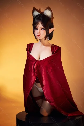 Kneeling figure with short dark hair and elf ears, draped in a deep red cloak, set against a warm gradient background.
