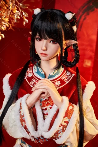 Subject features intricate traditional attire with rich red and white colors, adorned with floral patterns. The setting includes warm, vibrant backgrounds, enhancing the cultural aesthetic. Hair is styled in braids with decorative accessories.