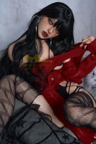 Doll with long black hair, wearing a red cardigan and black lingerie, posed against a textured backdrop, showcasing intricate stockings.