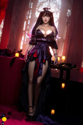 A doll with long dark hair and horns, wearing a revealing black and purple dress, stands confidently in a dimly lit, gothic setting with candles.