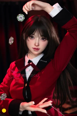 A doll with long dark hair and striking features, wearing a red blazer with a black collar, poses with poker chips floating around her hand.