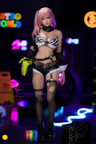 A doll with pink hair styled in loose waves wears a striped bikini top and a black harness with a skirt. She has thigh-high stockings and combat boots, standing in a neon-lit setting with colorful lights and a playful atmosphere.