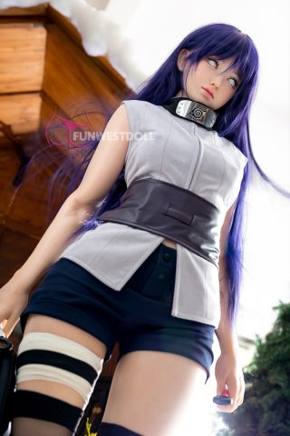A doll with long purple hair, wearing a gray sleeveless top and dark shorts, stands in a wooden interior setting.