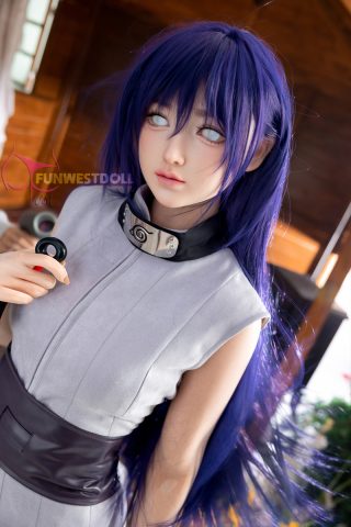 A doll with long purple hair and striking blue eyes, wearing a light gray outfit with a black collar and a dark belt, stands against a wooden backdrop.