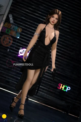 A doll with long brown hair wears a revealing black dress, high heels, and holds a small bag, standing against a colorful neon backdrop.
