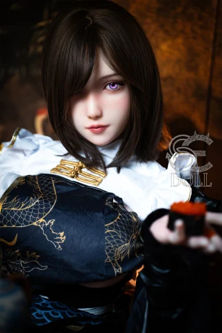 A doll with short dark hair and striking purple eyes, wearing a traditional outfit featuring intricate patterns, holds sushi in a dimly lit setting.