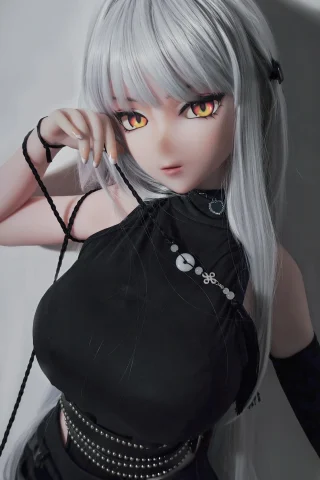 Genba Tokiko 148cm AHR020 Elsababe doll features striking silver hair and captivating eyes, dressed in a stylish black outfit.