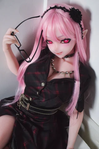 Kamiya Shiori, dressed in a black plaid outfit, features striking pink hair and bold pink eyes, accessorized with a choker and glasses.