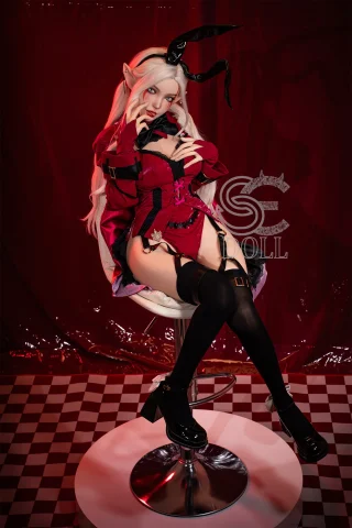 SES061-155-D-Head22SO-AryanaA-10 doll features a striking red outfit, long white hair, and elegant black accessories.