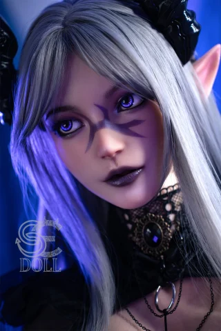 SES063-161-E-Head22SO-AryanaC-11 features a stunning doll with silver hair, striking purple eyes, and intricate facial markings.
