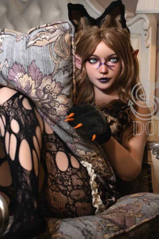 Aryana C doll features striking cat-like ears and intricate lace stockings, set in an elegant room.