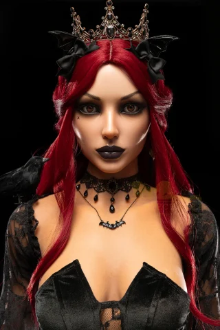 169cm dark-tanned doll with striking red hair, gothic attire, and bat-themed accessories. Perfect for collectors.