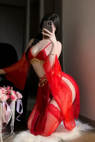 Exotic princess Xishi sexy lace hanfu costume in vibrant red with sheer details and elegant accessories.