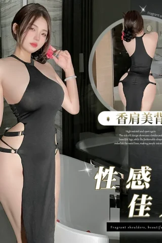 Sexy lace high slit cheongsam lingerie set featuring a sleek design and alluring cutouts.