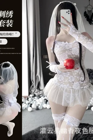 Sexy mesh rose bridal lingerie suit featuring a delicate lace design and playful tulle accents.