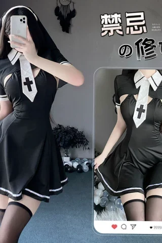 Sexy nun uniform lingerie featuring a fitted dress with cutouts and a playful skirt, perfect for themed occasions.