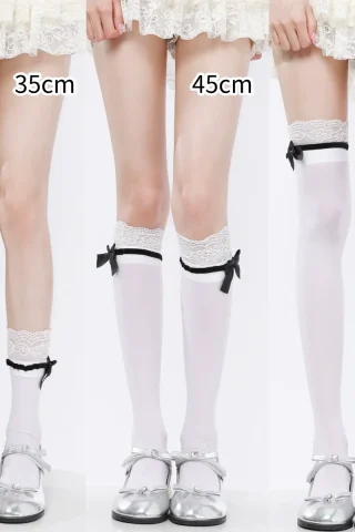 Velvet lace bow Lolita knee socks available in three lengths: 35cm, 45cm, and 52cm, perfect for stylish outfits.