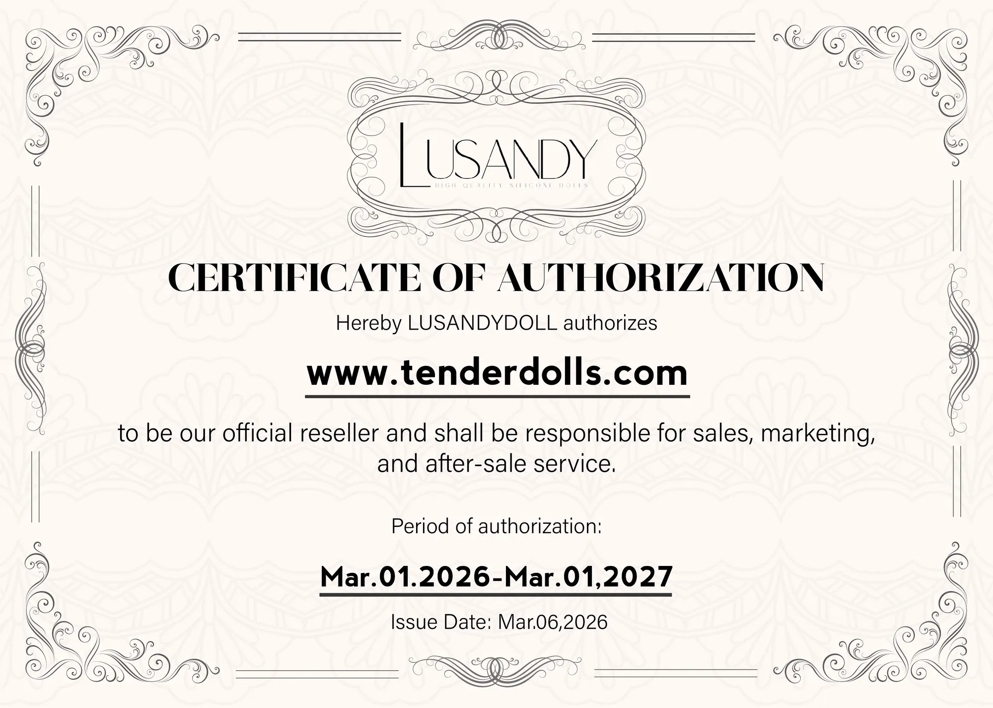 LUSANDY Certificate of Authorization for www.tenderdolls.com as an official reseller for sales and service.