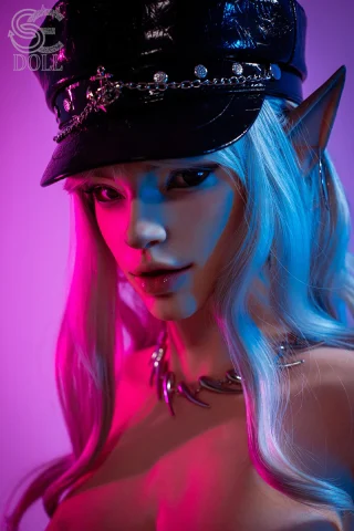 SES088-T165-C-Head154SO-Natural-Evadora doll features striking blue and pink lighting, a stylish hat, and elegant accessories.
